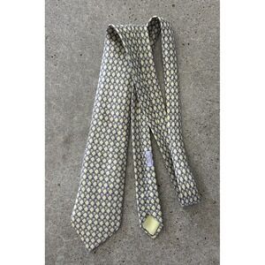 HERMES Mens Silk Neck Tie Yellow Geometric Equestrian Pattern 59 EA‎